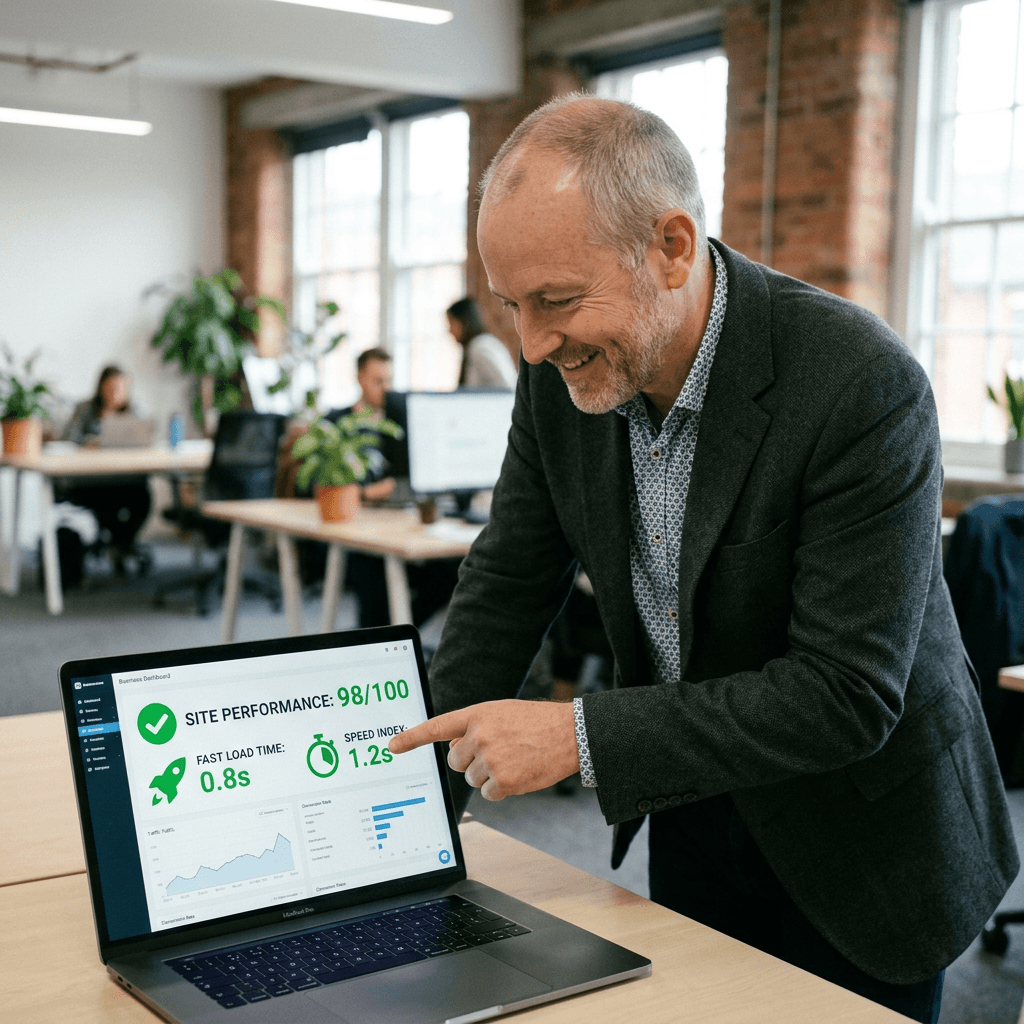 Man pointing to laptop screen displaying site performance score of 98 out of 100 with fast load time and speed index