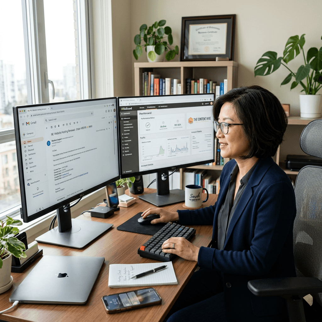 Woman working at desk with dual monitors, laptop, and smartphone in home office