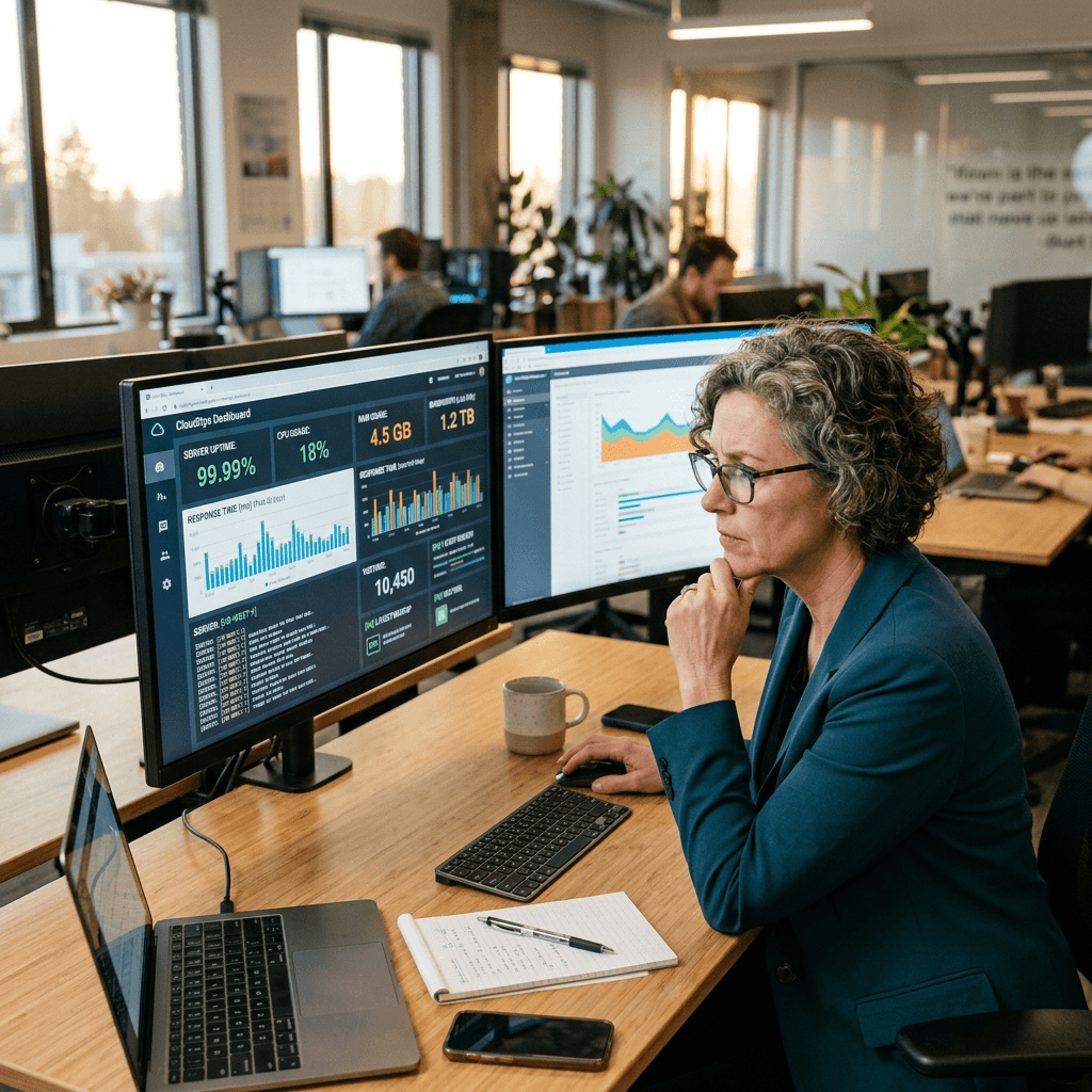 Woman analyzing cloud performance data on dual computer monitors