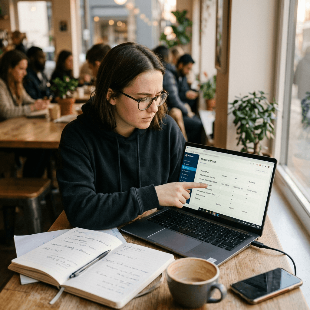 Woman pointing at hosting plans on laptop screen in cafe