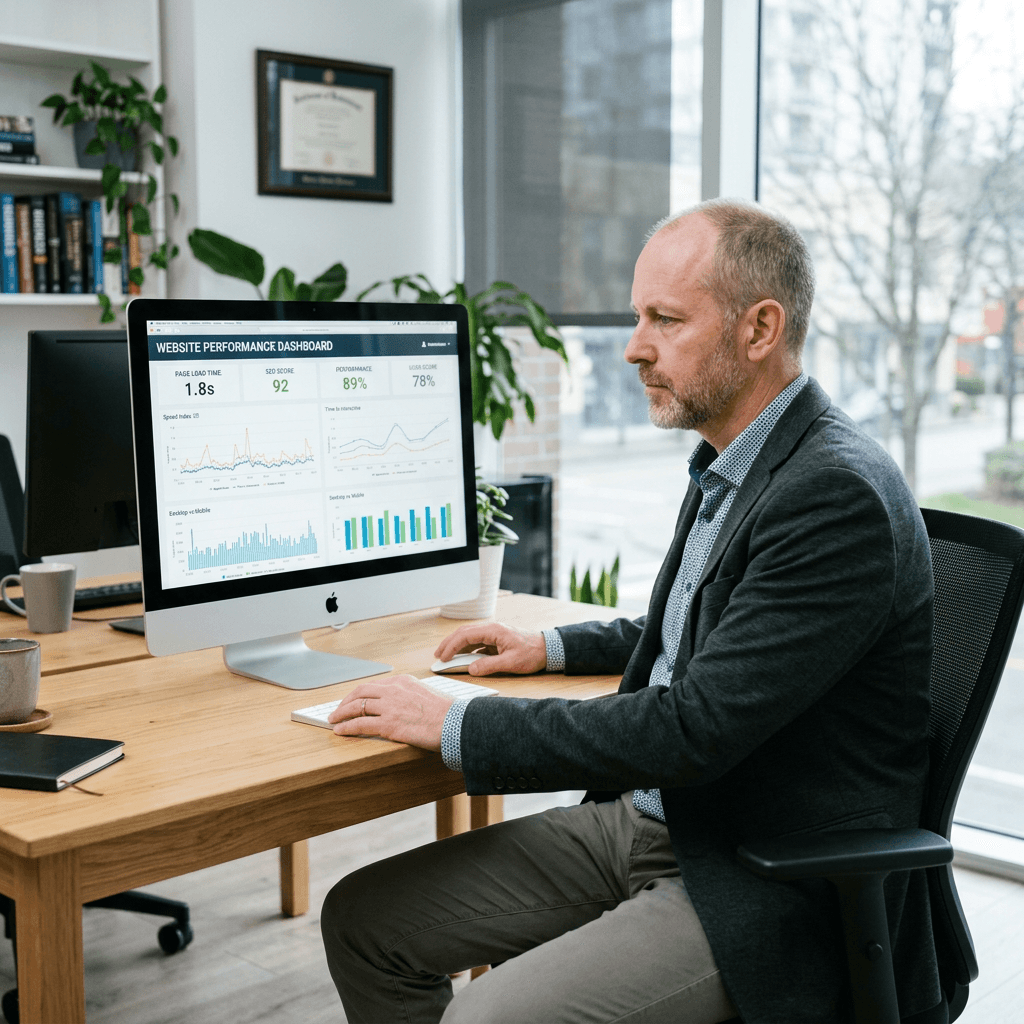 Man viewing website performance dashboard on computer screen