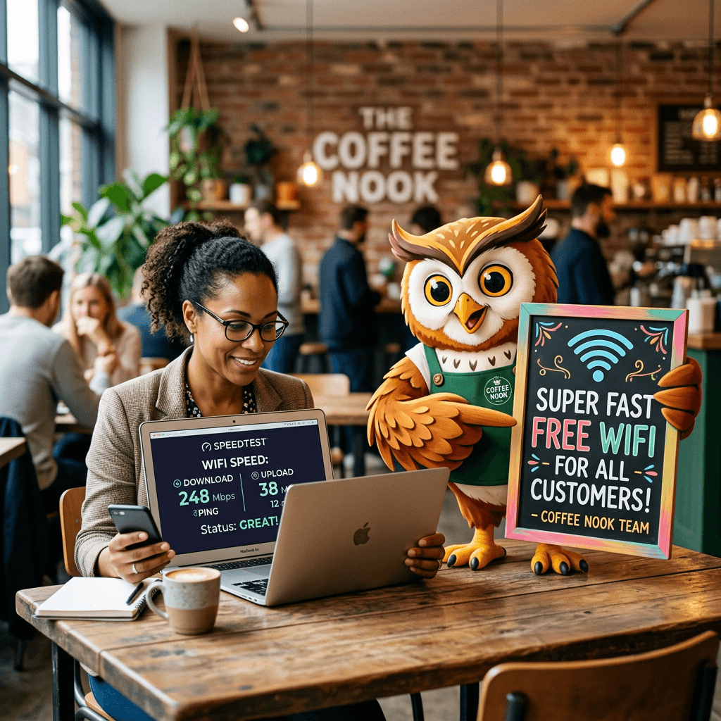 Woman using laptop showing WiFi speed test while owl mascot holds sign advertising super fast free WiFi for customers