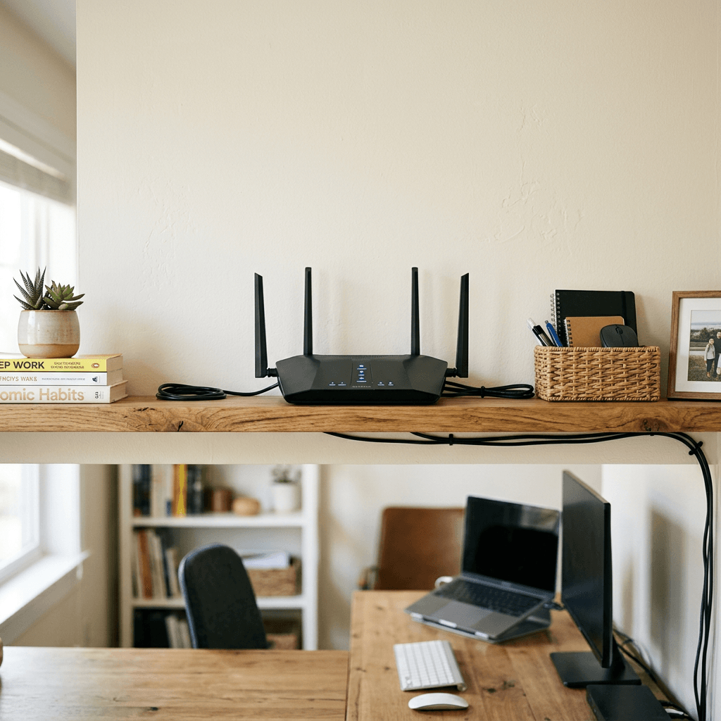 Wi-Fi router with four antennas placed on wooden shelf among books and office supplies