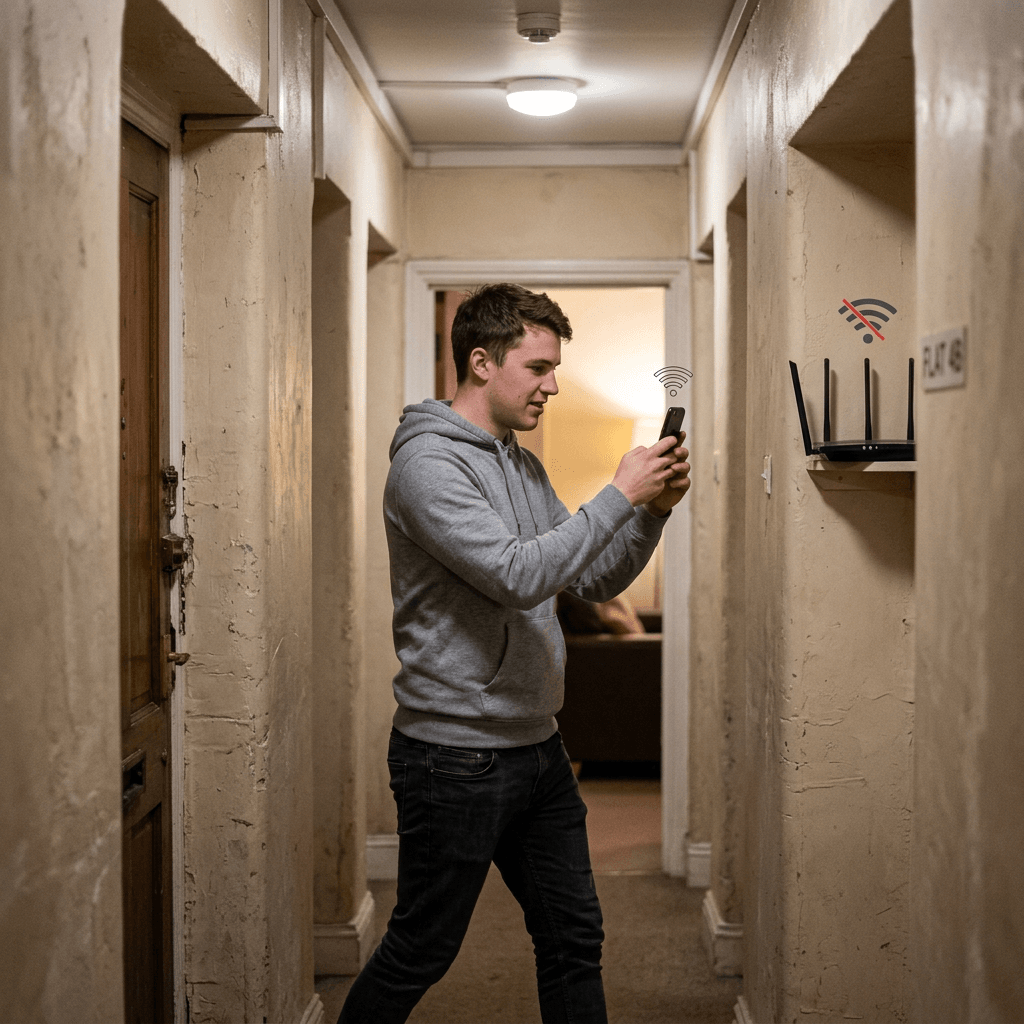 Man using smartphone near a router showing no WiFi signal