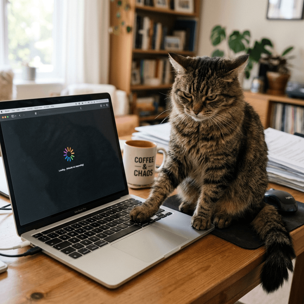 Tabby cat sitting on a laptop keyboard displaying loading screen