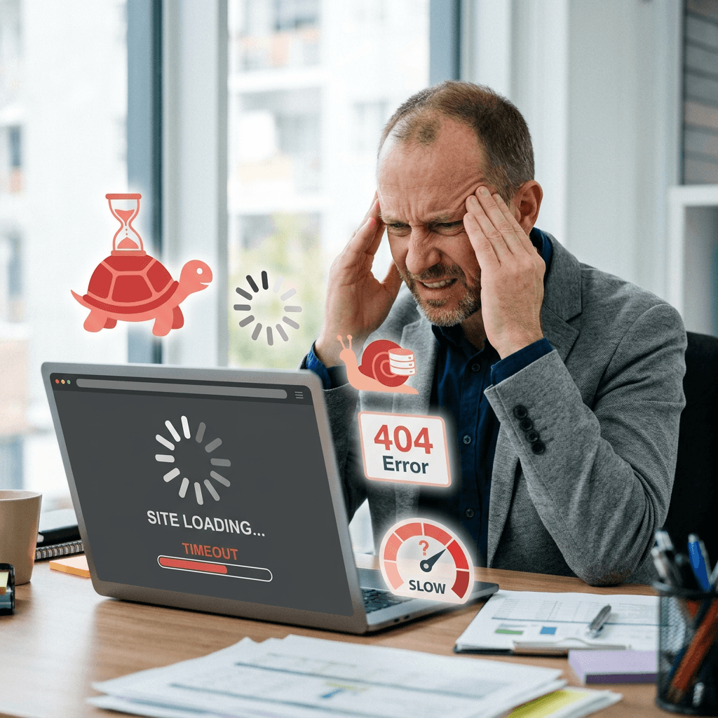 Man frustrated with slow website loading, 404 error, and timeout notifications on laptop