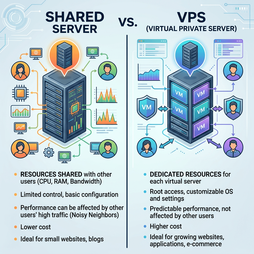 Diagram comparing shared server and VPS hosting with features like resource sharing, control, performance, cost, and ideal uses.