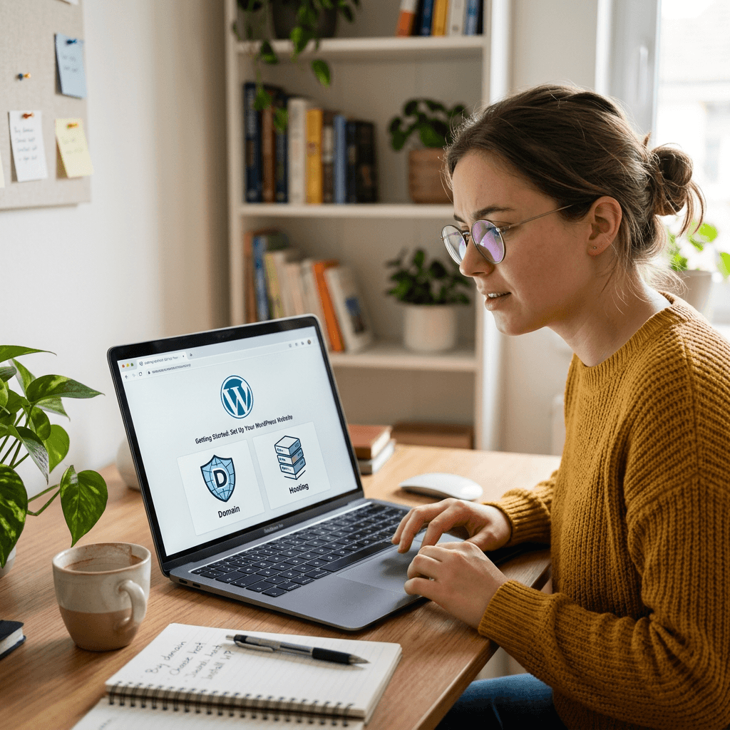 Woman using laptop to set up WordPress website with domain and hosting options