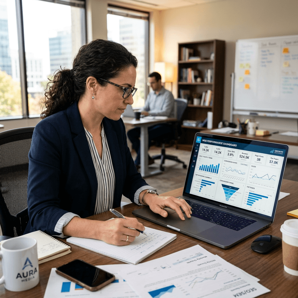 Businesswoman examining web performance dashboard on laptop and writing notes
