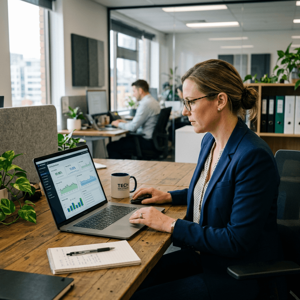 Woman in business attire working on laptop displaying business data and charts in office