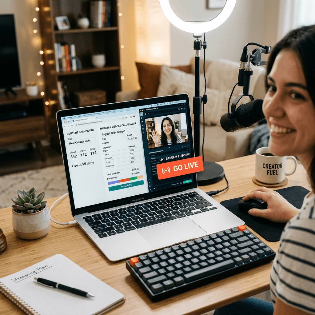 Person live streaming on laptop with budget calculator and microphone