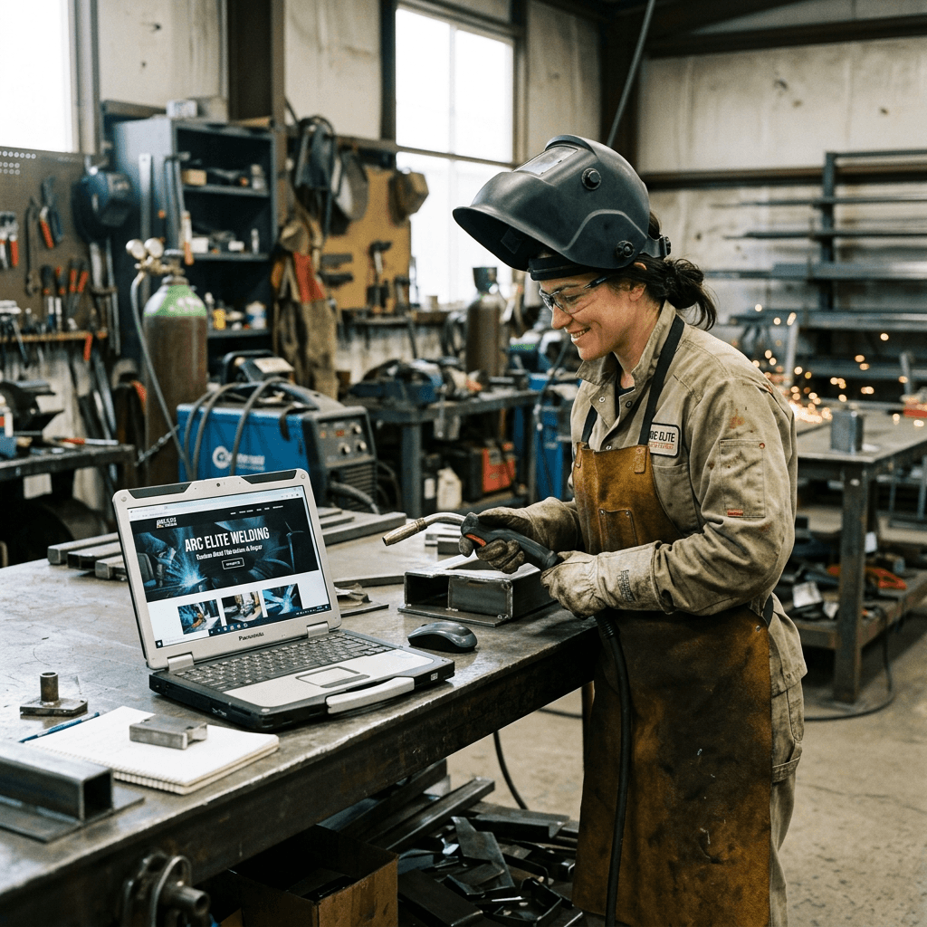 Welder holding a torch next to a laptop displaying welding training website in a workshop