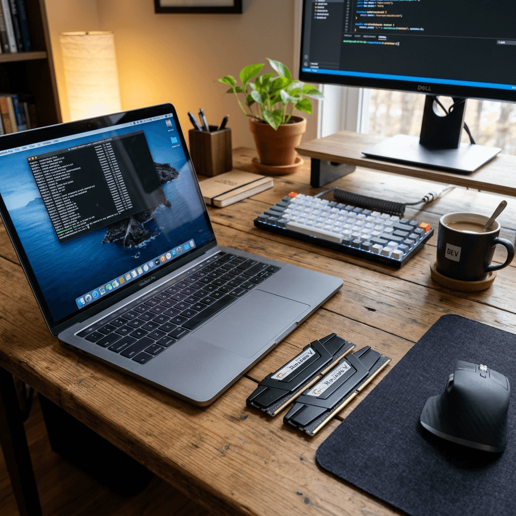 Developer workspace with MacBook Pro, external monitor showing code, mechanical keyboard, coffee mug, and RAM modules