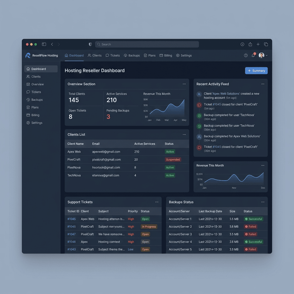 Dashboard displaying client list, support tickets, backup status, recent activity, and revenue charts for hosting reseller