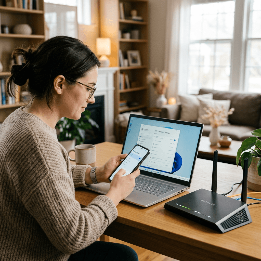 Person adjusting Wi-Fi network settings on laptop and smartphone