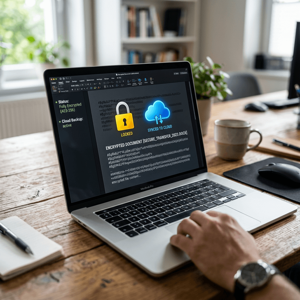 Laptop screen showing encrypted document status as fully encrypted and synced to cloud