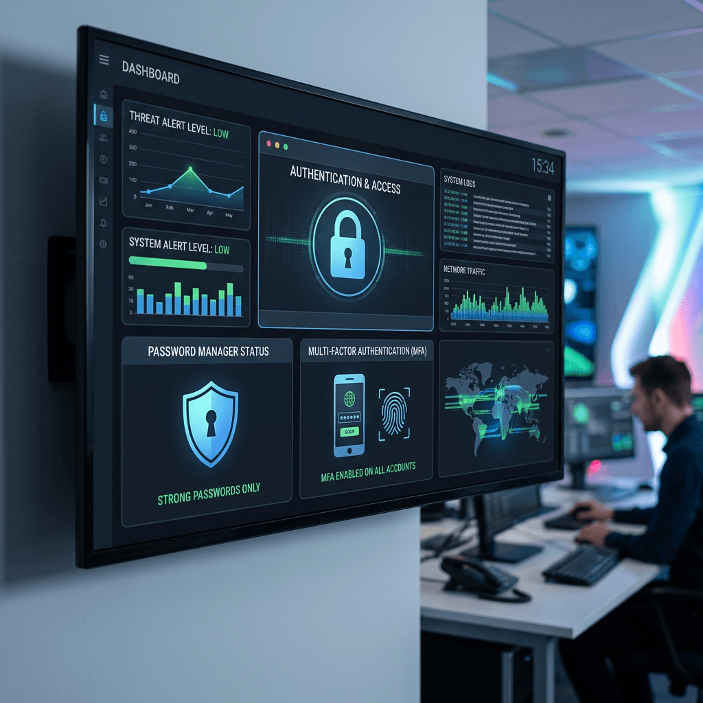 Cybersecurity dashboard showing threat alert, authentication, system alerts, logs, network traffic, password manager status, and multi-factor authentication