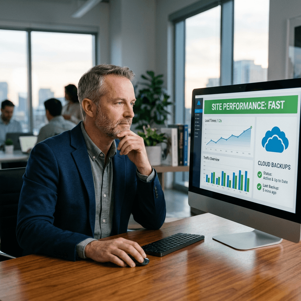 Man analyzing website performance graphs and cloud backup status on desktop monitor