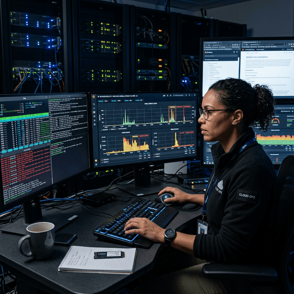 Engineer monitoring system performance and network data on multiple screens in data center