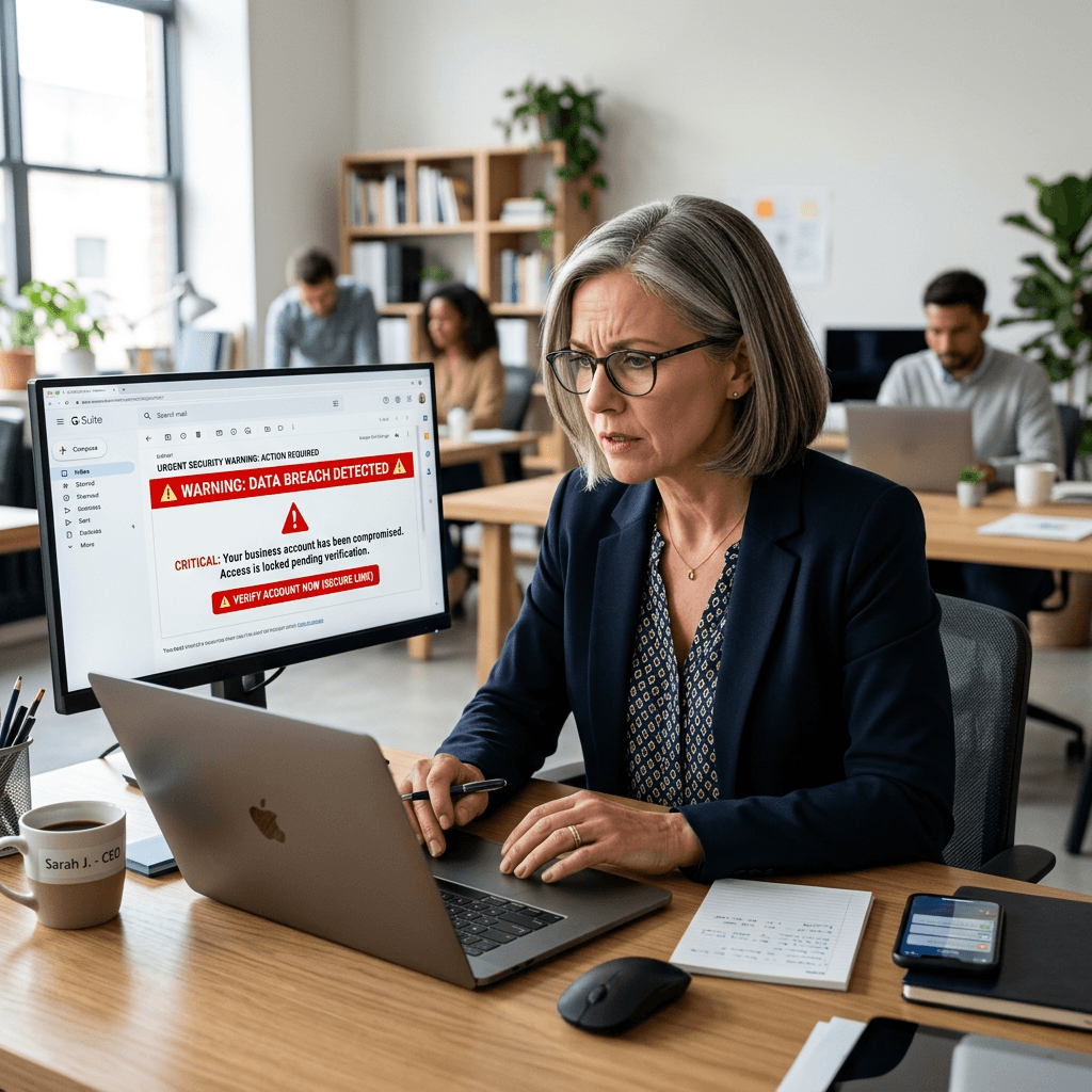 Woman at workstation looking concerned at data breach warning email on computer