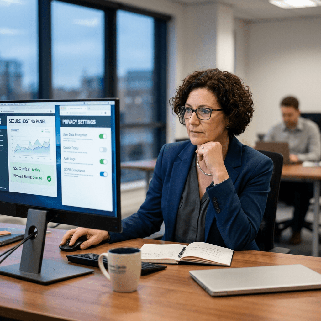 Woman working at desk analyzing secure hosting panel and privacy settings on computer screen