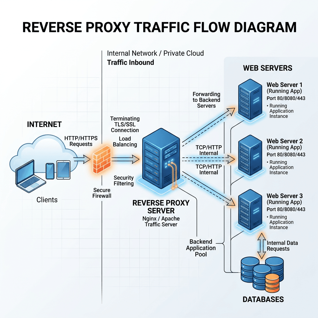 Diagram of reverse proxy server handling HTTP/HTTPS requests from clients, forwarding to web servers and databases.